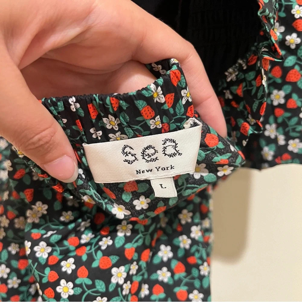 Sea New York Liberty Black Strawberry Print Tie Back Puff Sleeve Mini Dress L - Picture 8 of 9